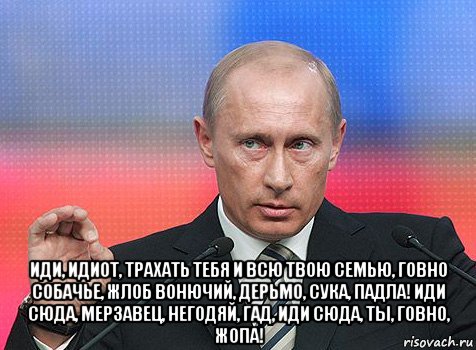  иди, идиот, трахать тебя и всю твою семью, говно собачье, жлоб вонючий, дерьмо, сука, падла! иди сюда, мерзавец, негодяй, гад, иди сюда, ты, говно, жопа!