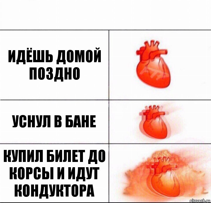 Идёшь домой поздно Уснул в бане Купил билет до Корсы и идут кондуктора, Комикс  Расширяюшее сердце