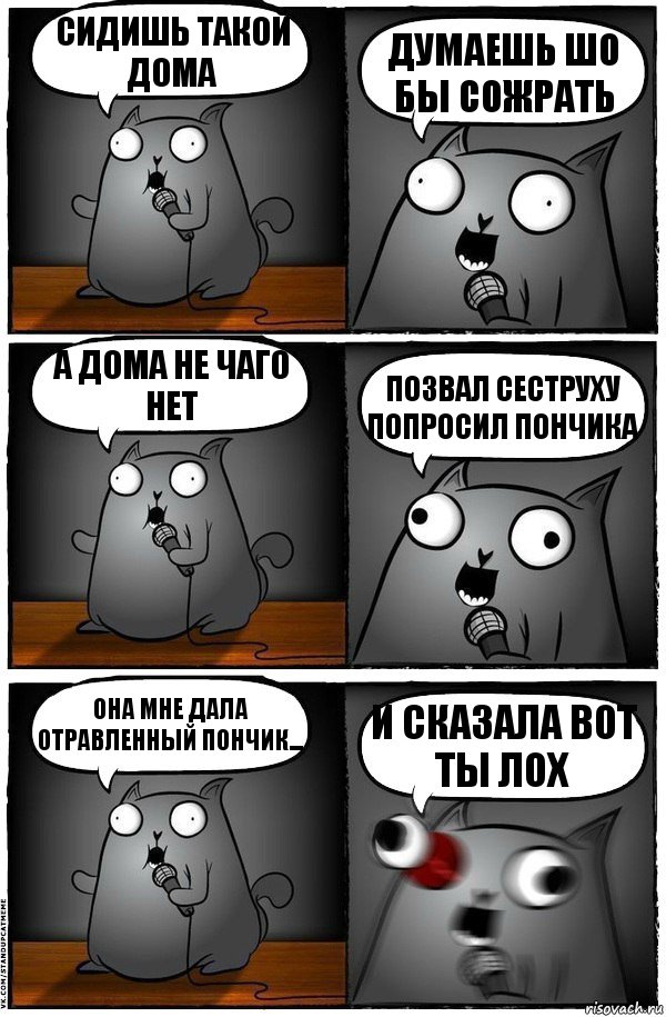 Сидишь такой дома Думаешь шо бы сожрать а дома не чаго нет позвал сеструху попросил пончика она мне дала отравленный пончик... и сказала вот ты ЛОХ, Комикс  Стендап-кот