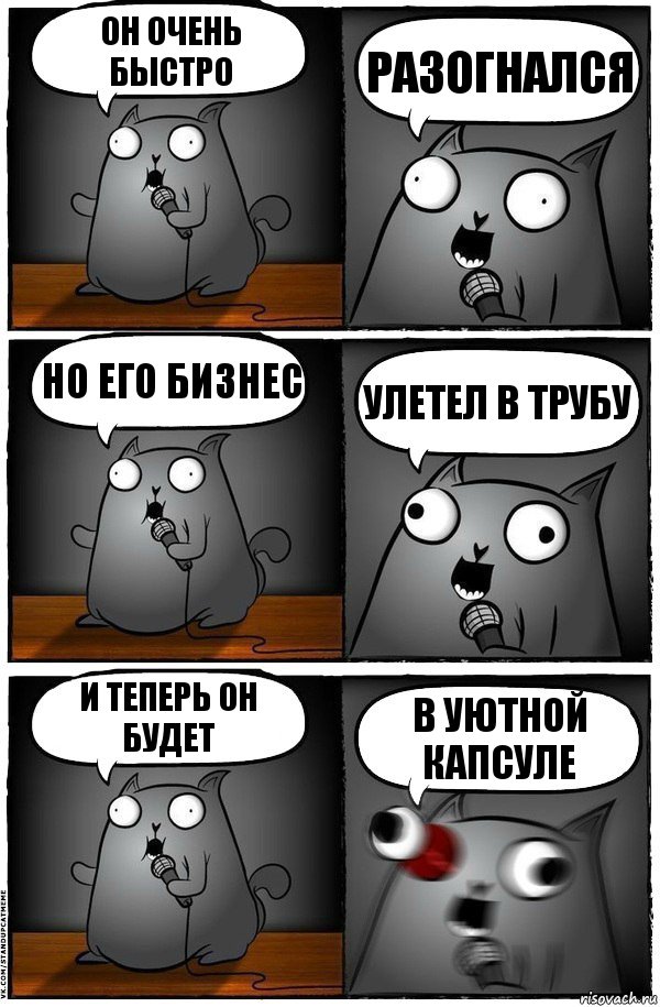 он очень быстро разогнался но его бизнес улетел в трубу и теперь он будет в уютной капсуле, Комикс  Стендап-кот