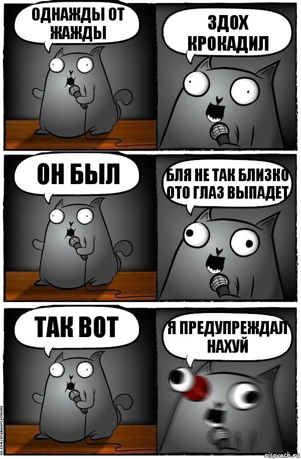 Однажды от жажды Здох крокадил Он был Бля не так близко ото глаз выпадет Так вот Я предупреждал нахуй, Комикс  Стендап-кот