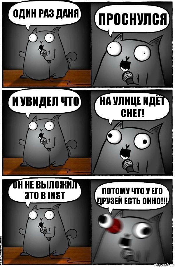 Один раз Даня ПРОСНУЛСЯ и увидел что НА УЛИЦЕ ИДЁТ СНЕГ! Он не выложил это в INST ПОТОМУ ЧТО У ЕГО ДРУЗЕЙ ЕСТЬ ОКНО!!!, Комикс  Стендап-кот