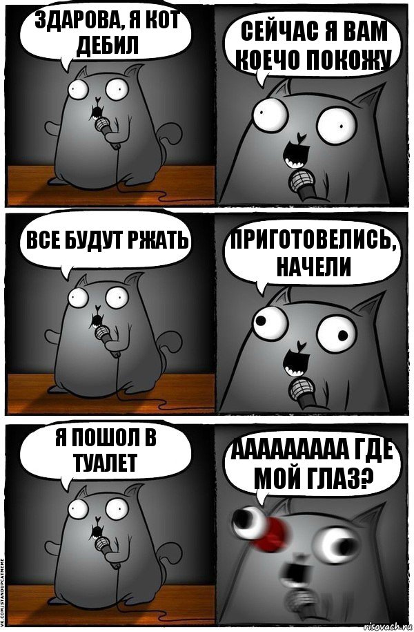 Здарова, я кот дебил сейчас я вам коечо покожу все будут ржать приготовелись, начели я пошол в туалет ааааааааа где мой глаз?, Комикс  Стендап-кот