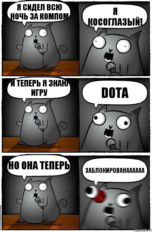 я сидел всю ночь за компом я косоглазый! и теперь я знаю игру Dota но она теперь ЗАБЛОКИРОВАНАААААА, Комикс  Стендап-кот