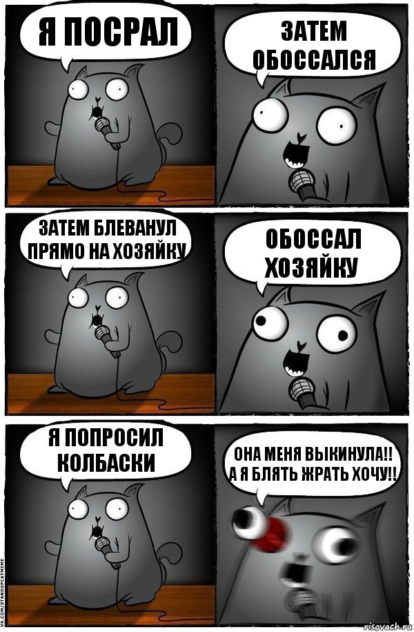 Я посрал Затем обоссался Затем блеванул прямо на хозяйку Обоссал хозяйку Я попросил колбаски ОНА МЕНЯ ВЫКИНУЛА!!
А Я БЛЯТЬ ЖРАТЬ ХОЧУ!!