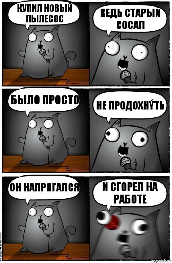 Купил новый пылесос Ведь старый сосал Было просто Не продохнýть Он напрягался И сгорел на работе