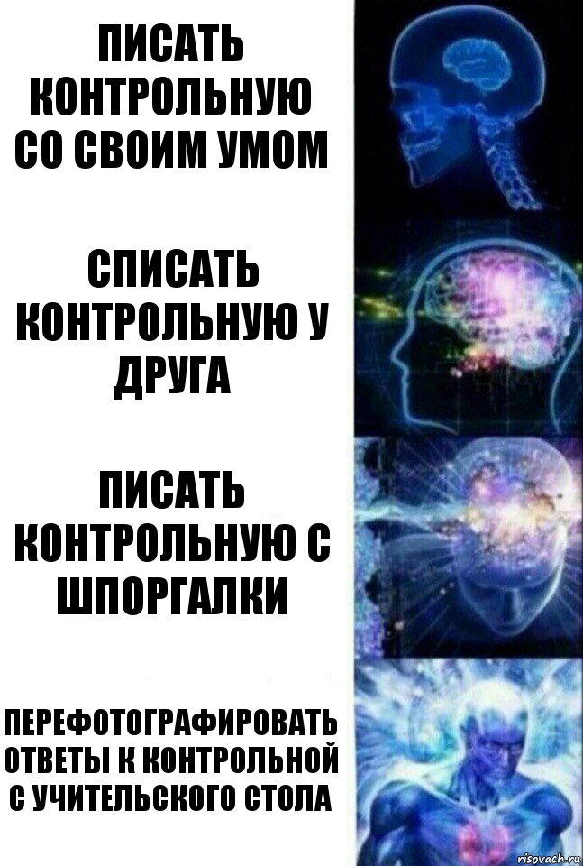 Писать контрольную со своим умом Списать контрольную у друга Писать контрольную с шпоргалки Перефотографировать ответы к контрольной с учительского стола, Комикс  Сверхразум