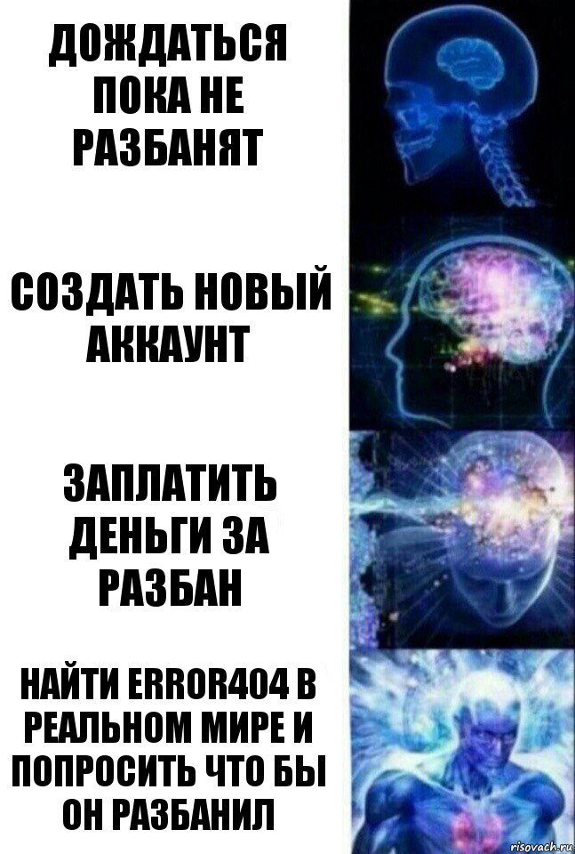 дождаться пока не разбанят создать новый аккаунт заплатить деньги за разбан найти ERROR404 в реальном мире и попросить что бы он разбанил, Комикс  Сверхразум