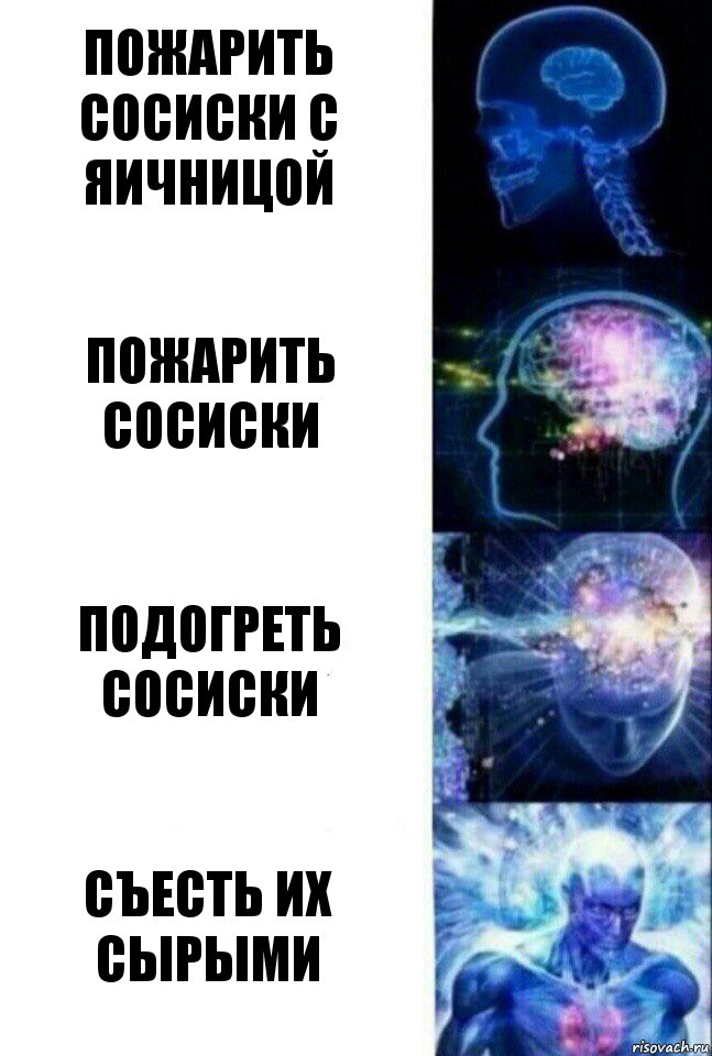 Пожарить сосиски с яичницой пожарить сосиски подогреть сосиски Съесть их сырыми, Комикс  Сверхразум