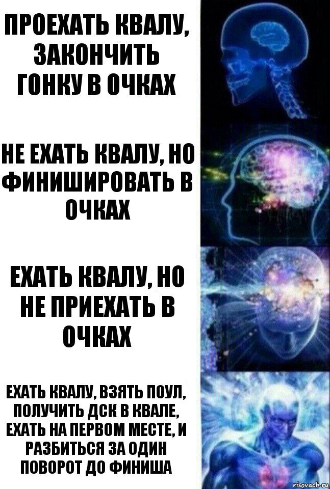 проехать квалу, закончить гонку в очках не ехать квалу, но финишировать в очках Ехать квалу, но не приехать в очках ехать квалу, взять поул, получить дск в квале, ехать на первом месте, и разбиться за один поворот до финиша, Комикс  Сверхразум