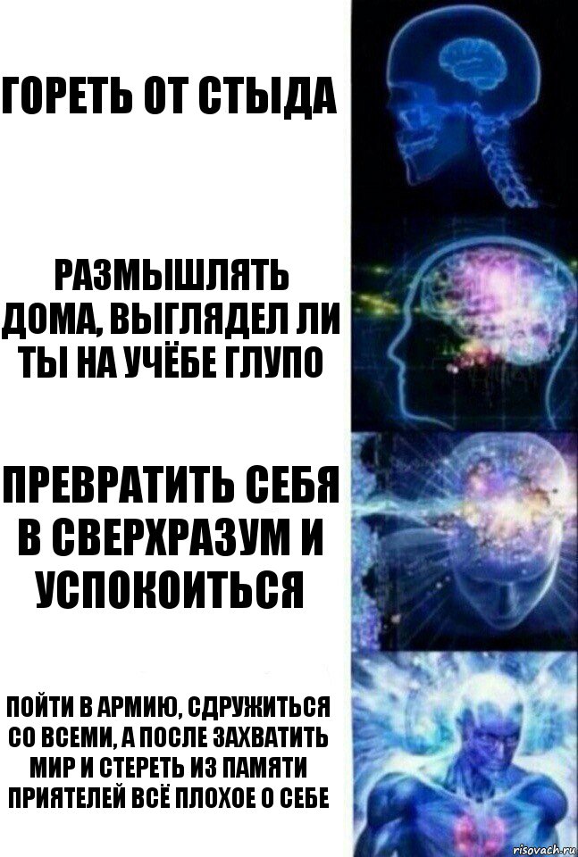 Гореть от стыда Размышлять дома, выглядел ли ты на учёбе глупо Превратить себя в сверхразум и успокоиться Пойти в армию, сдружиться со всеми, а после захватить мир и стереть из памяти приятелей всё плохое о себе, Комикс  Сверхразум