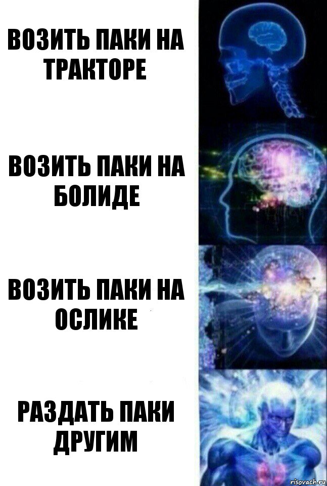 Возить паки на тракторе Возить паки на болиде Возить паки на ослике Раздать паки другим, Комикс  Сверхразум