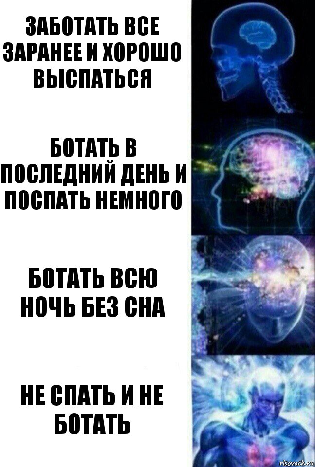 Заботать все заранее и хорошо выспаться Ботать в последний день и поспать немного Ботать всю ночь без сна не спать и не ботать, Комикс  Сверхразум