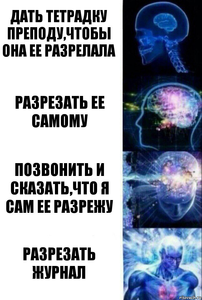 Дать тетрадку преподу,чтобы она ее разрелала Разрезать ее самому Позвонить и сказать,что я сам ее разрежу Разрезать журнал, Комикс  Сверхразум