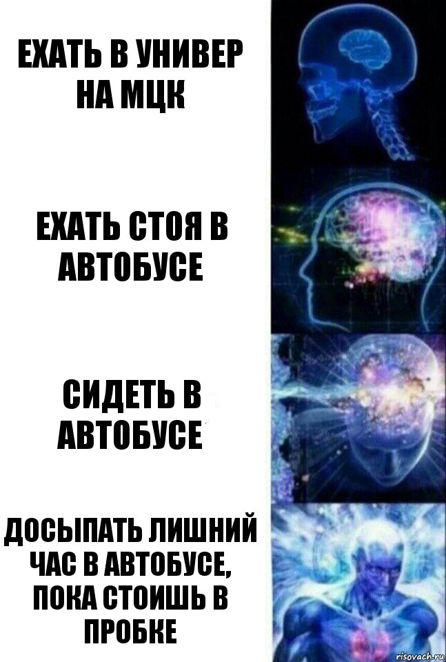 Ехать в универ на МЦК Ехать стоя в автобусе Сидеть в автобусе Досыпать лишний час в автобусе, пока стоишь в пробке, Комикс  Сверхразум