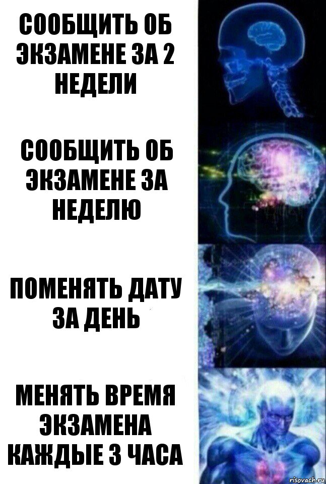 Сообщить об экзамене за 2 недели Сообщить об экзамене за неделю Поменять дату за день Менять время экзамена каждые 3 часа, Комикс  Сверхразум