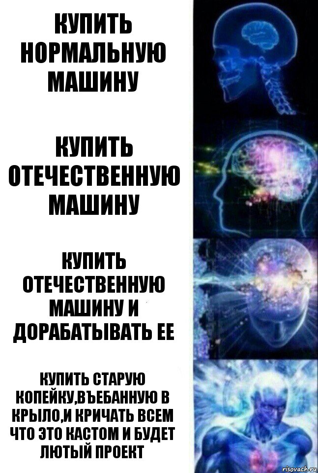 Купить нормальную машину Купить отечественную машину Купить отечественную машину и дорабатывать ее Купить старую копейку,въебанную в крыло,и кричать всем что это кастом и будет лютый проект, Комикс  Сверхразум