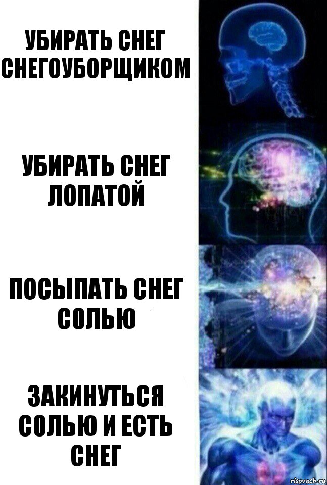 убирать снег снегоуборщиком убирать снег лопатой посыпать снег солью закинуться солью и есть снег, Комикс  Сверхразум