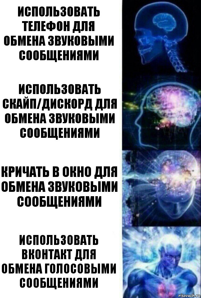 Использовать телефон для обмена звуковыми сообщениями Использовать Скайп/Дискорд для обмена звуковыми сообщениями Кричать в окно для обмена звуковыми сообщениями Использовать Вконтакт для обмена голосовыми сообщениями, Комикс  Сверхразум