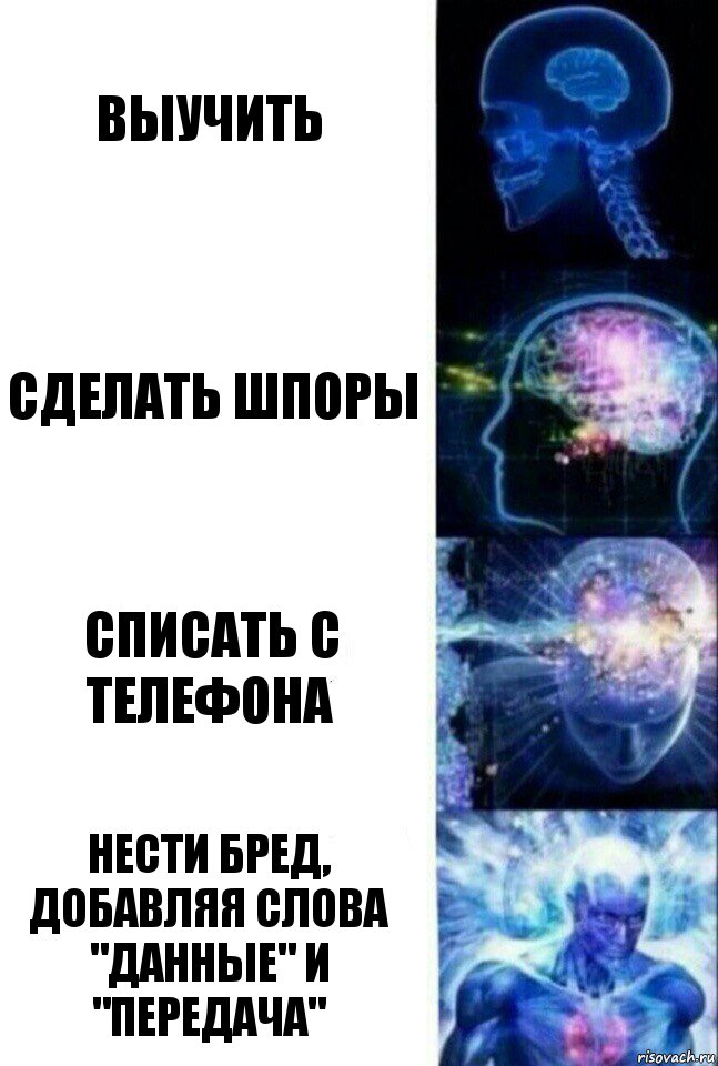 Выучить Сделать шпоры Списать с телефона Нести бред, добавляя слова "данные" и "передача", Комикс  Сверхразум