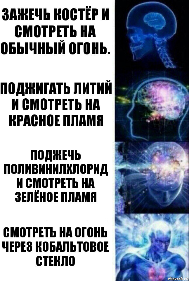 Зажечь костёр и смотреть на обычный огонь. Поджигать литий и смотреть на красное пламя Поджечь поливинилхлорид и смотреть на зелёное пламя Смотреть на огонь через кобальтовое стекло, Комикс  Сверхразум