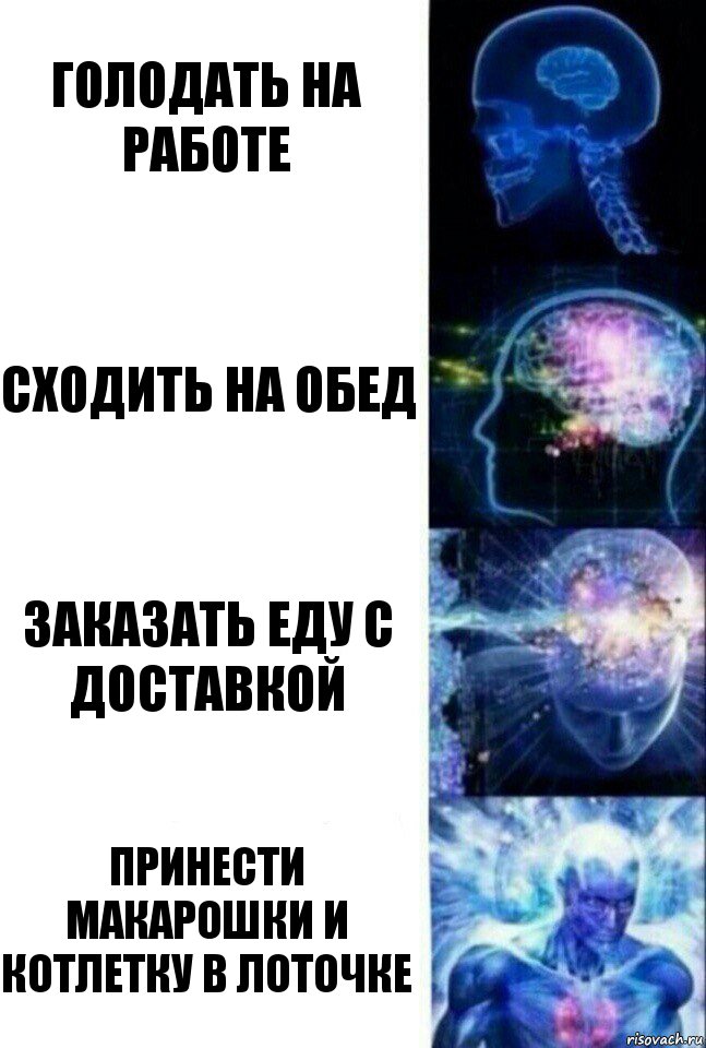 голодать на работе сходить на обед заказать еду с доставкой принести макарошки и котлетку в лоточке, Комикс  Сверхразум