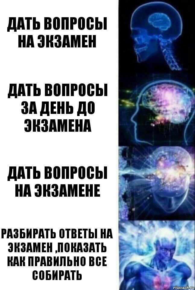 дать вопросы на экзамен дать вопросы за день до экзамена дать вопросы на экзамене разбирать ответы на экзамен ,показать как правильно все собирать, Комикс  Сверхразум