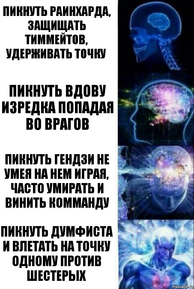 Пикнуть Раинхарда, защищать тиммейтов, удерживать точку Пикнуть Вдову изредка попадая во врагов Пикнуть Гендзи не умея на нем играя, часто умирать и винить комманду Пикнуть Думфиста и влетать на точку одному против шестерых, Комикс  Сверхразум