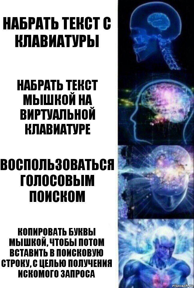 набрать текст с клавиатуры набрать текст мышкой на виртуальной клавиатуре воспользоваться голосовым поиском копировать буквы мышкой, чтобы потом вставить в поисковую строку, с целью получения искомого запроса, Комикс  Сверхразум