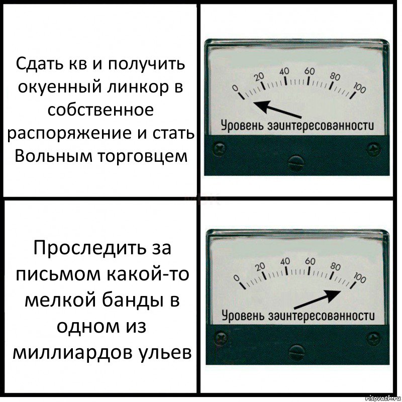 Сдать кв и получить окуенный линкор в собственное распоряжение и стать Вольным торговцем Проследить за письмом какой-то мелкой банды в одном из миллиардов ульев, Комикс Уровень заинтересованности