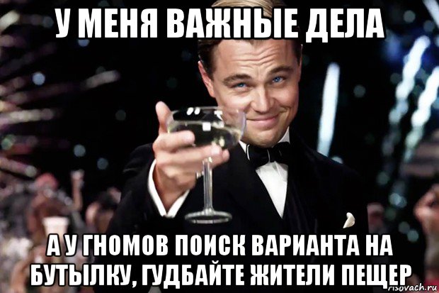 у меня важные дела а у гномов поиск варианта на бутылку, гудбайте жители пещер, Мем Великий Гэтсби (бокал за тех)