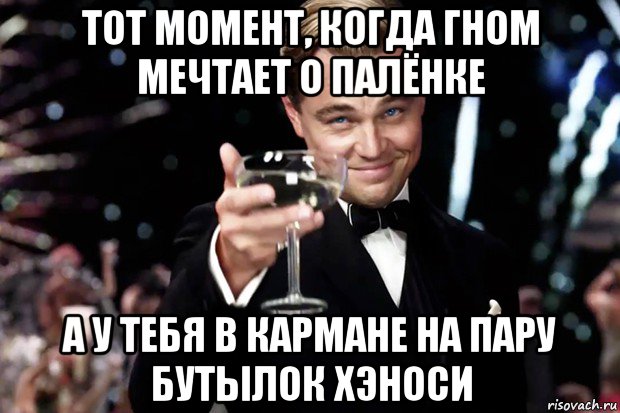 тот момент, когда гном мечтает о палёнке а у тебя в кармане на пару бутылок хэноси, Мем Великий Гэтсби (бокал за тех)