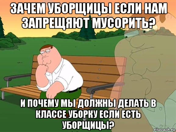 зачем уборщицы если нам запрещяют мусорить? и почему мы должны делать в классе уборку если есть уборщицы?, Мем Задумчивый Гриффин