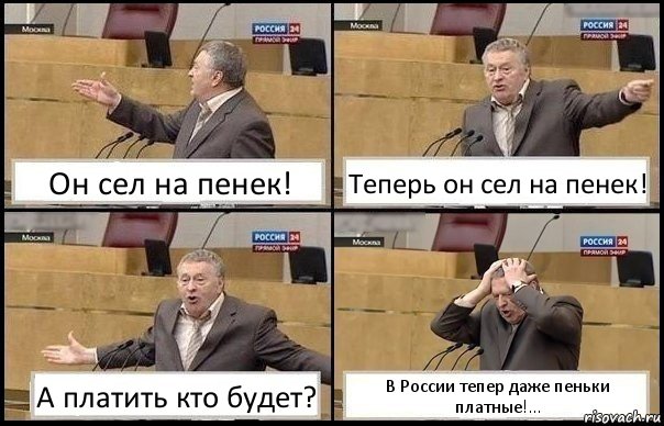 Он сел на пенек! Теперь он сел на пенек! А платить кто будет? В России тепер даже пеньки платные!..., Комикс Жирик в шоке хватается за голову