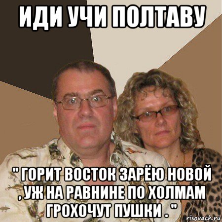 иди учи полтаву " горит восток зарёю новой , уж на равнине по холмам грохочут пушки . ", Мем  Злые родители