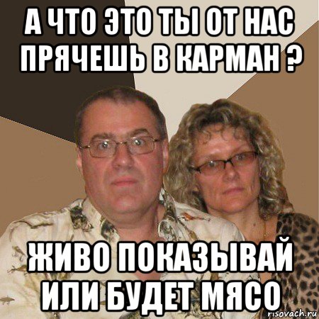 а что это ты от нас прячешь в карман ? живо показывай или будет мясо, Мем  Злые родители