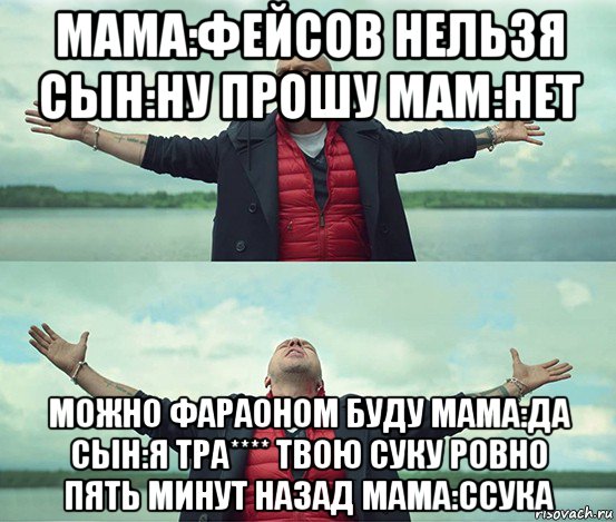 мама:фейсов нельзя сын:ну прошу мам:нет можно фараоном буду мама:да сын:я тра**** твою суку ровно пять минут назад мама:ссука, Мем Безлимитище