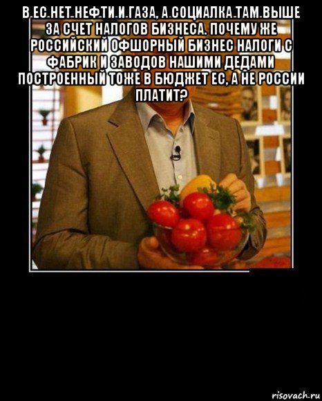 в ес нет нефти и газа, а социалка там выше за счет налогов бизнеса. почему же российский офшорный бизнес налоги с фабрик и заводов нашими дедами построенный тоже в бюджет ес, а не россии платит? , Мем демотиватор