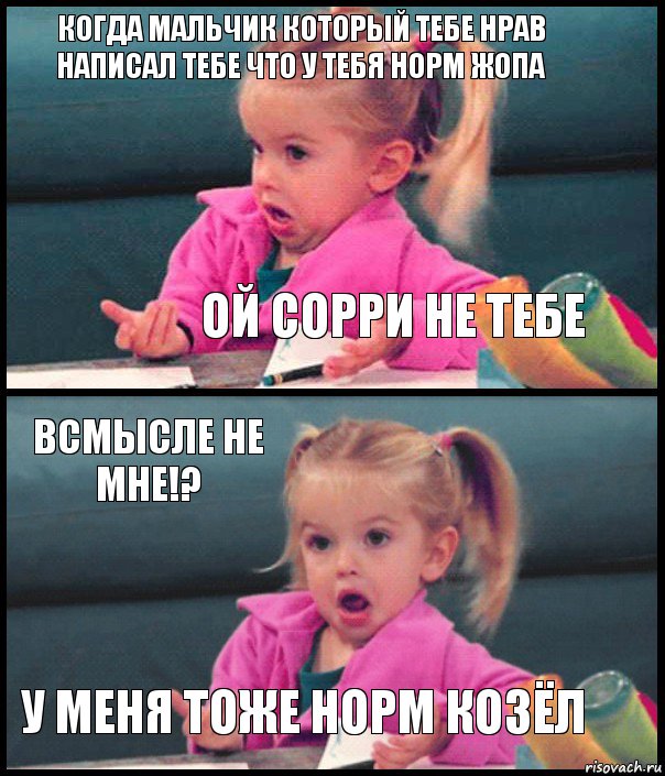 Когда мальчик который тебе нрав написал тебе что у тебя норм жопа Ой сорри не тебе ВСМЫСЛЕ НЕ МНЕ!? У МЕНЯ ТОЖЕ НОРМ козёл