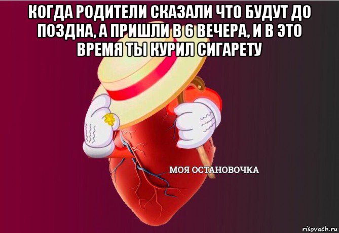 когда родители сказали что будут до поздна, а пришли в 6 вечера, и в это время ты курил сигарету , Мем   Моя остановочка