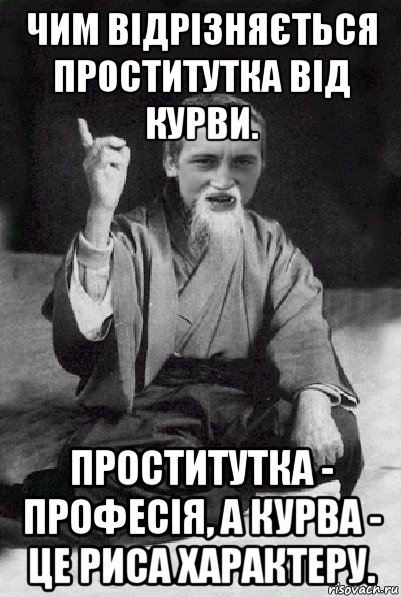 чим відрізняється проститутка від курви. проститутка - професія, а курва - це риса характеру., Мем Мудрий паца