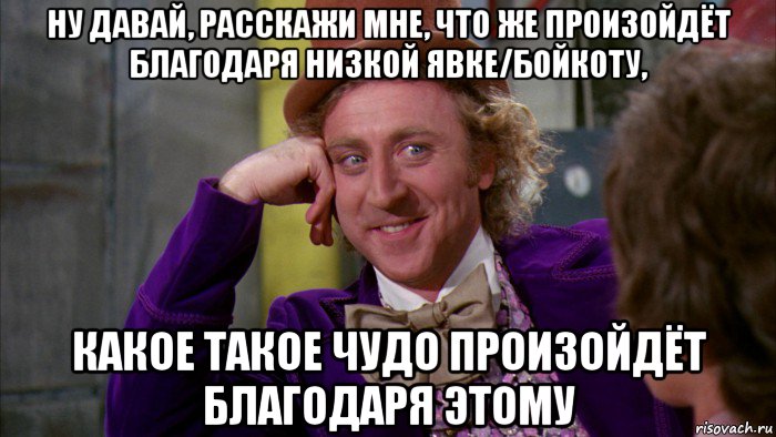 ну давай, расскажи мне, что же произойдёт благодаря низкой явке/бойкоту, какое такое чудо произойдёт благодаря этому, Мем Ну давай расскажи (Вилли Вонка)