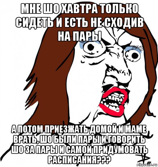 мне шо хавтра только сидеть и есть не сходив на пары а потом приезжать домой и маме врать, шо были пары и говорить шо за пары и самой придумовать расписания???, Мем Ну почему (девушка)