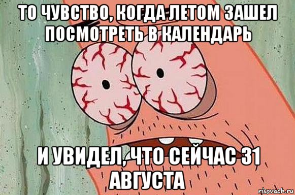 то чувство, когда летом зашел посмотреть в календарь и увидел, что сейчас 31 августа, Мем  Патрик в ужасе