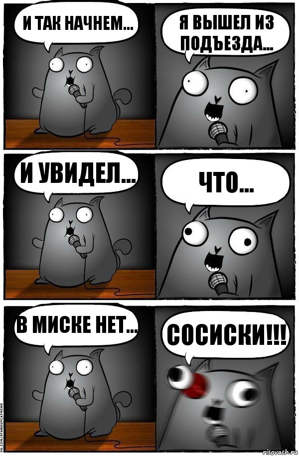 и так начнем... я вышел из подъезда... и увидел... что... в миске нет... СОСИСКИ!!!, Комикс  Стендап-кот