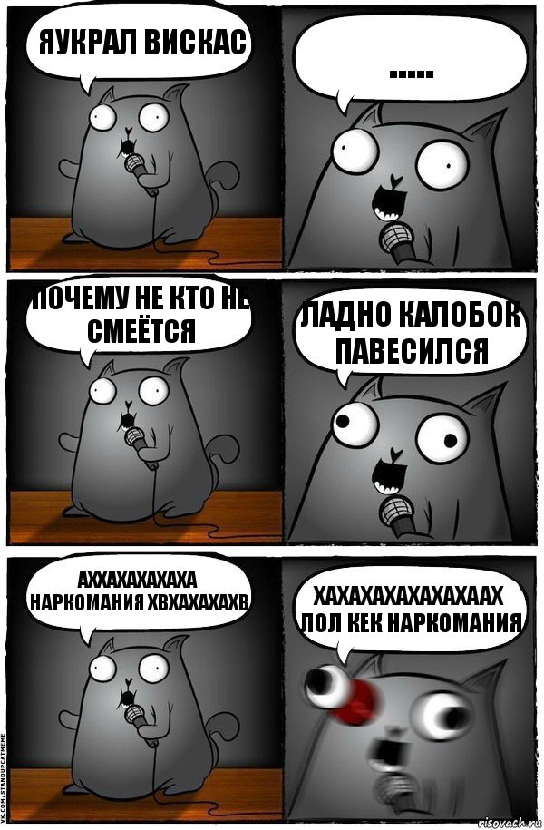 Яукрал вискас ..... Почему не кто не смеётся Ладно калобок павесился Аххахахахаха наркомания хвхахахахв Хахахахахахахаах лол кек наркомания, Комикс  Стендап-кот