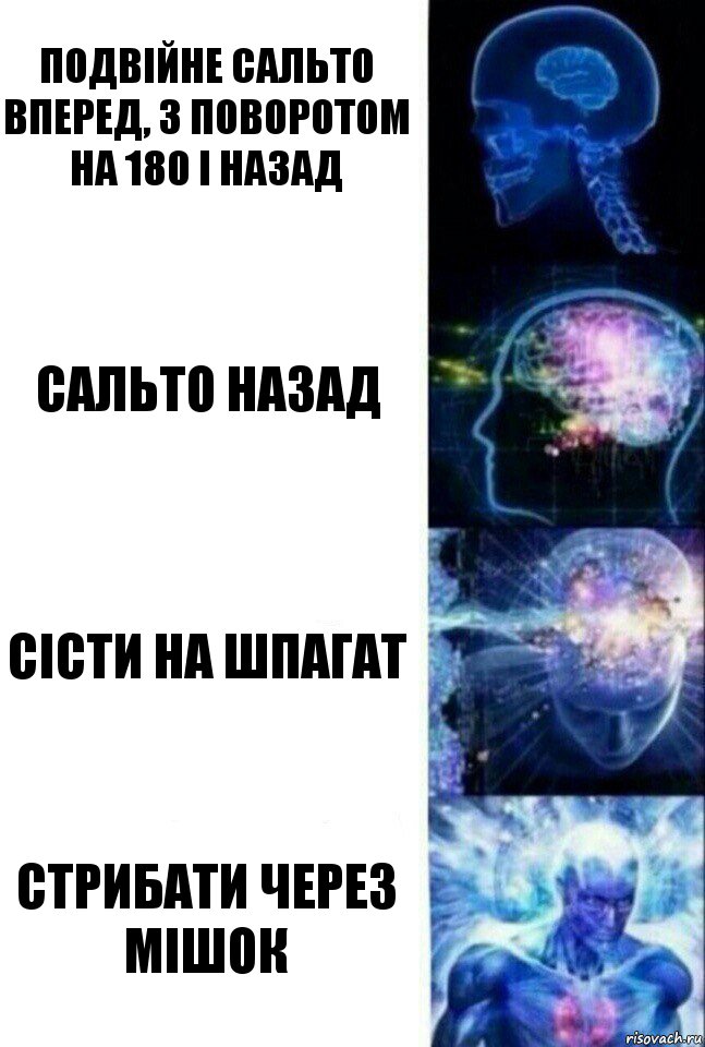 Подвійне сальто вперед, з поворотом на 180 і назад сальто назад сісти на шпагат стрибати через мішок, Комикс  Сверхразум