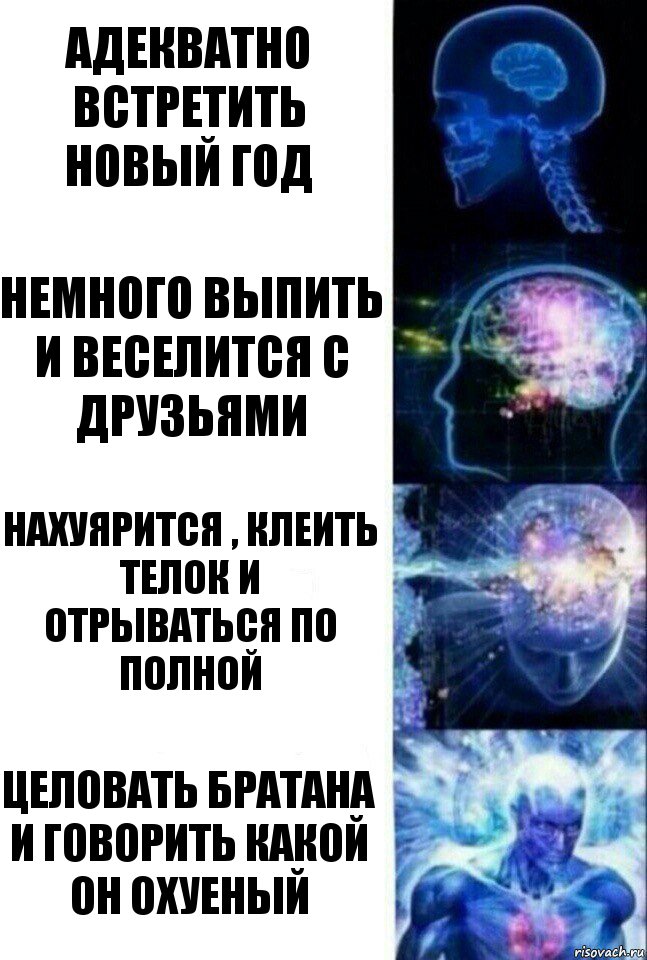 адекватно встретить новый год немного выпить и веселится с друзьями нахуярится , клеить телок и отрываться по полной целовать братана и говорить какой он охуеный, Комикс  Сверхразум