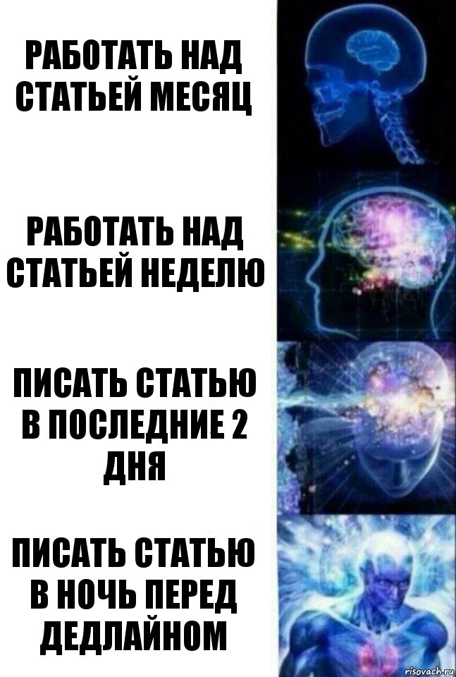 Работать над статьей месяц Работать над статьей неделю Писать статью в последние 2 дня Писать статью в ночь перед дедлайном, Комикс  Сверхразум