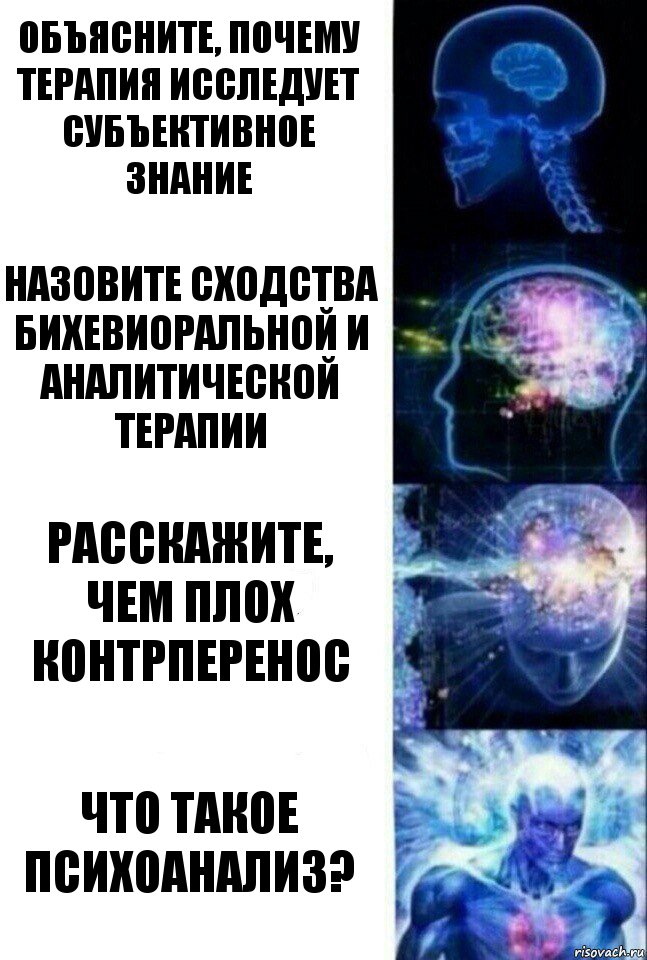 Объясните, почему терапия исследует субъективное знание Назовите сходства бихевиоральной и аналитической терапии Расскажите, чем плох контрперенос Что такое психоанализ?, Комикс  Сверхразум